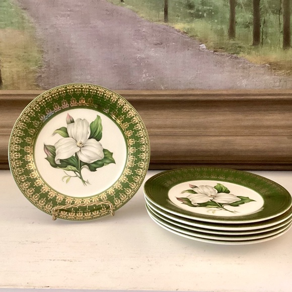 6 bread plates American Limoges L'Triomphe Trillium Forest Green Dinnerware 22K - Picture 2 of 10